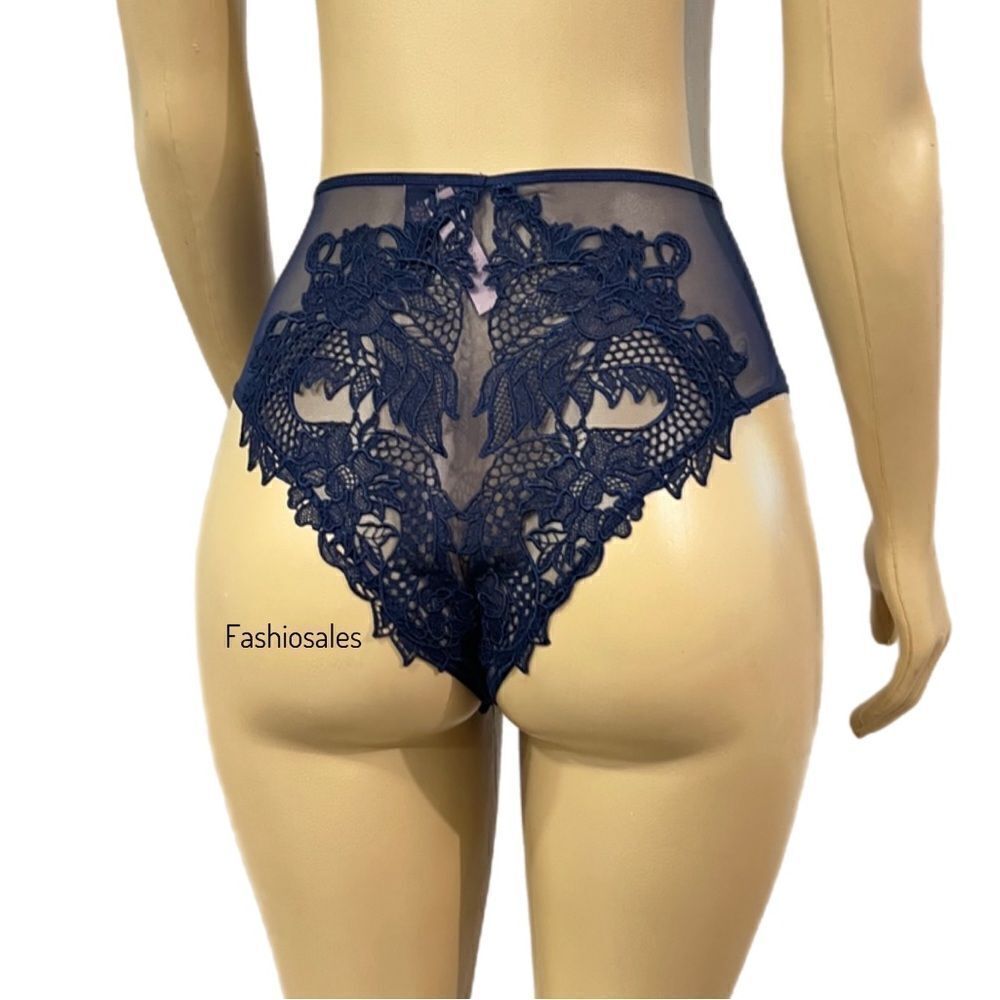 Victorias Secret LUXE Dragón Embroidered Satin Mesh Cheeky Panty Navy Large
